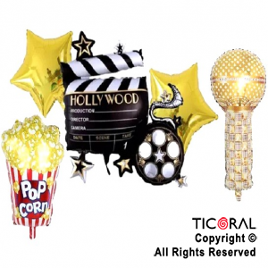 SET DE GLOBOS METALIZADO HOLLYWOOD FILMACION 5 UNIDADES X 1